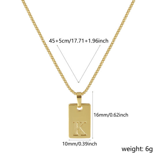 Image de Collier à Breloques Rectangle Plaqué Or Véritable 18K en Laiton Pour Femmes, Chaîne Maille Vénitienne 45cm + 5cm, Message " K " Alphabet Majuscule Lettre Initiale Minimaliste Cadeau, Respectueux de la Nature, 1 Pièce