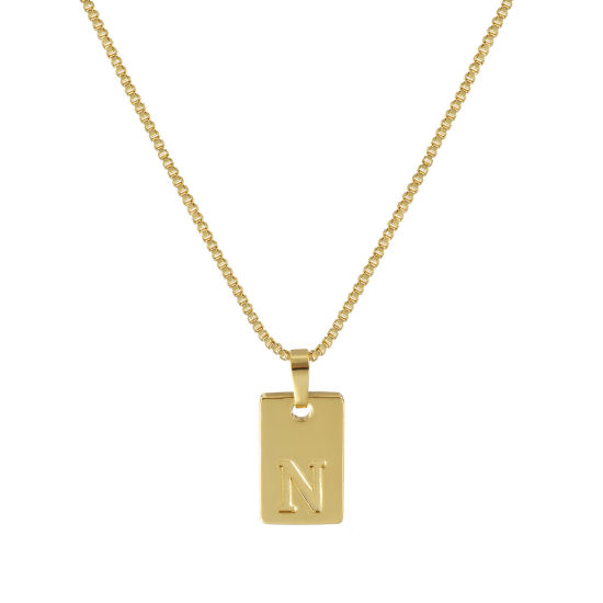 Image de Collier à Breloques Rectangle Plaqué Or Véritable 18K en Laiton Pour Femmes, Chaîne Maille Vénitienne 45cm + 5cm, Message " N " Alphabet Majuscule Lettre Initiale Minimaliste Cadeau, Respectueux de la Nature, 1 Pièce