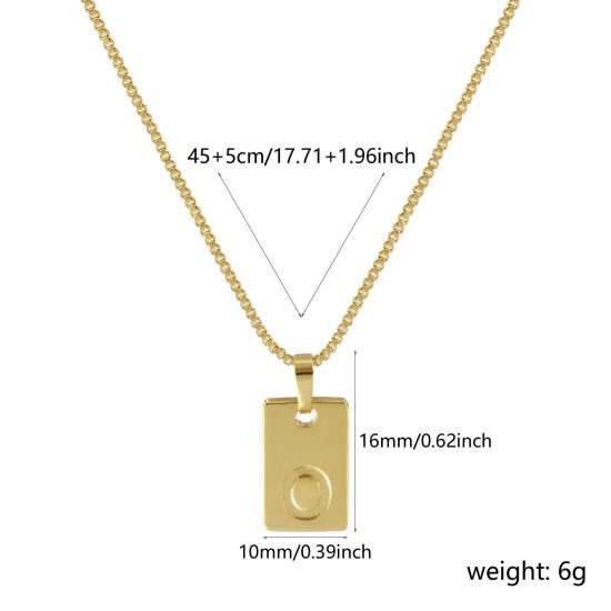 Image de Collier à Breloques Rectangle Plaqué Or Véritable 18K en Laiton Pour Femmes, Chaîne Maille Vénitienne 45cm + 5cm, Message " O " Alphabet Majuscule Lettre Initiale Minimaliste Cadeau, Respectueux de la Nature, 1 Pièce