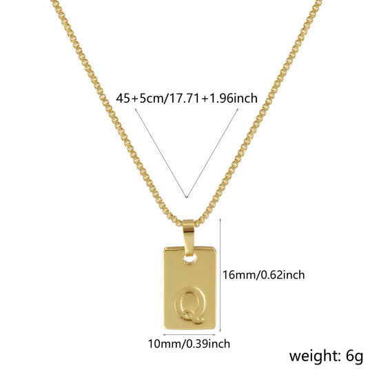 Image de Collier à Breloques Rectangle Plaqué Or Véritable 18K en Laiton Pour Femmes, Chaîne Maille Vénitienne 45cm + 5cm, Message " Q " Alphabet Majuscule Lettre Initiale Minimaliste Cadeau, Respectueux de la Nature, 1 Pièce