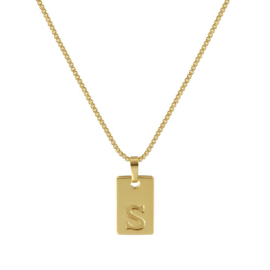 Image de Collier à Breloques Rectangle Plaqué Or Véritable 18K en Laiton Pour Femmes, Chaîne Maille Vénitienne 45cm + 5cm, Message " S " Alphabet Majuscule Lettre Initiale Minimaliste Cadeau, Respectueux de la Nature, 1 Pièce