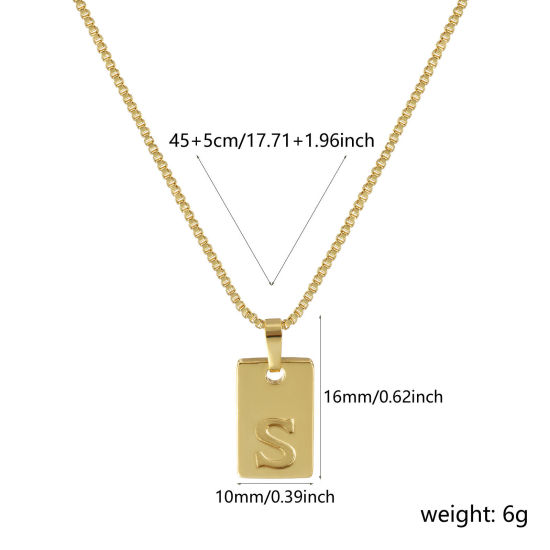 Image de Collier à Breloques Rectangle Plaqué Or Véritable 18K en Laiton Pour Femmes, Chaîne Maille Vénitienne 45cm + 5cm, Message " S " Alphabet Majuscule Lettre Initiale Minimaliste Cadeau, Respectueux de la Nature, 1 Pièce