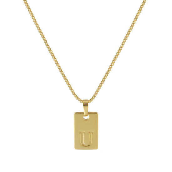 Image de Collier à Breloques Rectangle Plaqué Or Véritable 18K en Laiton Pour Femmes, Chaîne Maille Vénitienne 45cm + 5cm, Message " U " Alphabet Majuscule Lettre Initiale Minimaliste Cadeau, Respectueux de la Nature, 1 Pièce