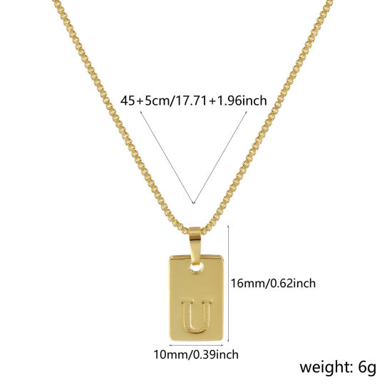 Image de Collier à Breloques Rectangle Plaqué Or Véritable 18K en Laiton Pour Femmes, Chaîne Maille Vénitienne 45cm + 5cm, Message " U " Alphabet Majuscule Lettre Initiale Minimaliste Cadeau, Respectueux de la Nature, 1 Pièce