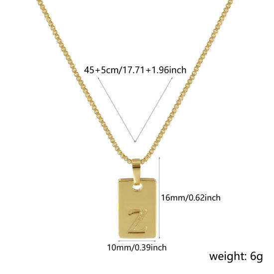 Image de Collier à Breloques Rectangle Plaqué Or Véritable 18K en Laiton Pour Femmes, Chaîne Maille Vénitienne 45cm + 5cm, Message " Z " Alphabet Majuscule Lettre Initiale Minimaliste Cadeau, Respectueux de la Nature, 1 Pièce