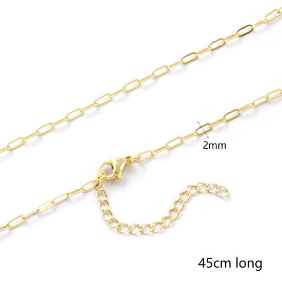 Image de 2 Pièces Colliers Chaîne de Trombone Exquis en Laiton Respectueux de la Nature Plaqué Or Véritable 18K 45cm + 5cm long, Taille de la Chaîne: 2mm
