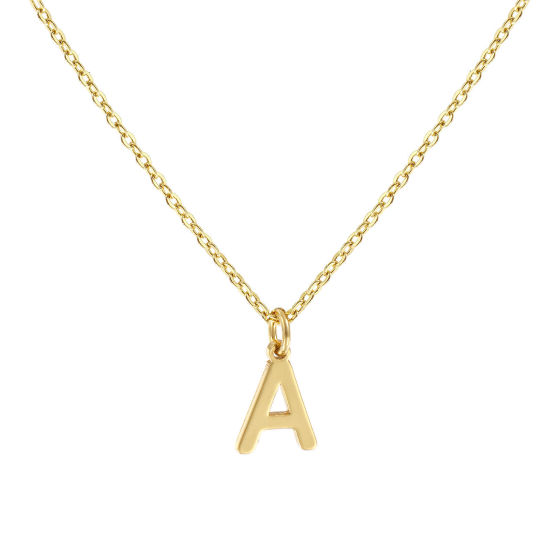 Image de Collier à Breloques Plaqué Or Véritable 18K en Laiton Pour Femmes, Chaîne Maille Forçat 45cm + 5cm, Message " A " Alphabet Majuscule Lettre Initiale Minimaliste Cadeau, Respectueux de la Nature, 1 Pièce