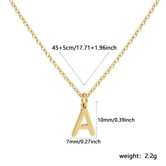 Image de Collier à Breloques Plaqué Or Véritable 18K en Laiton Pour Femmes, Chaîne Maille Forçat 45cm + 5cm, Message " A " Alphabet Majuscule Lettre Initiale Minimaliste Cadeau, Respectueux de la Nature, 1 Pièce