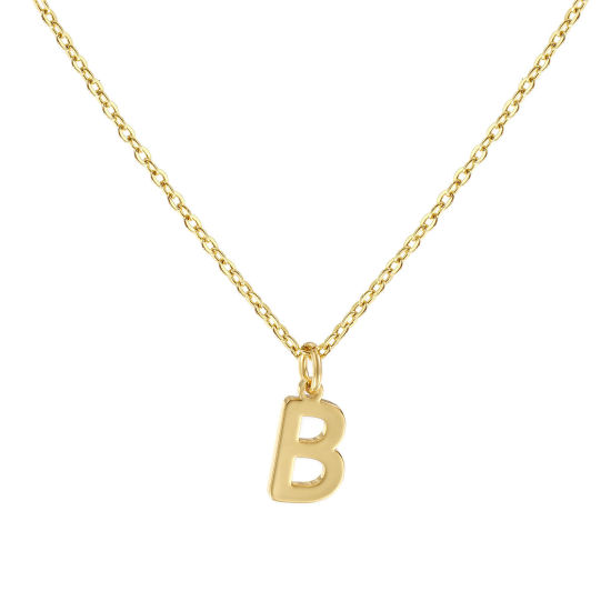 Image de Collier à Breloques Plaqué Or Véritable 18K en Laiton Pour Femmes, Chaîne Maille Forçat 45cm + 5cm, Message " B " Alphabet Majuscule Lettre Initiale Minimaliste Cadeau, Respectueux de la Nature, 1 Pièce