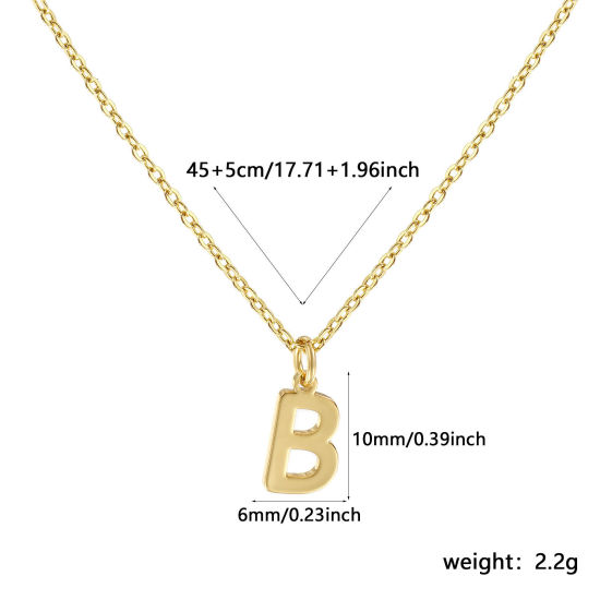 Image de Collier à Breloques Plaqué Or Véritable 18K en Laiton Pour Femmes, Chaîne Maille Forçat 45cm + 5cm, Message " B " Alphabet Majuscule Lettre Initiale Minimaliste Cadeau, Respectueux de la Nature, 1 Pièce