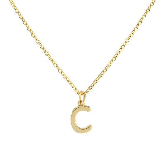 Image de Collier à Breloques Plaqué Or Véritable 18K en Laiton Pour Femmes, Chaîne Maille Forçat 45cm + 5cm, Message " C " Alphabet Majuscule Lettre Initiale Minimaliste Cadeau, Respectueux de la Nature, 1 Pièce