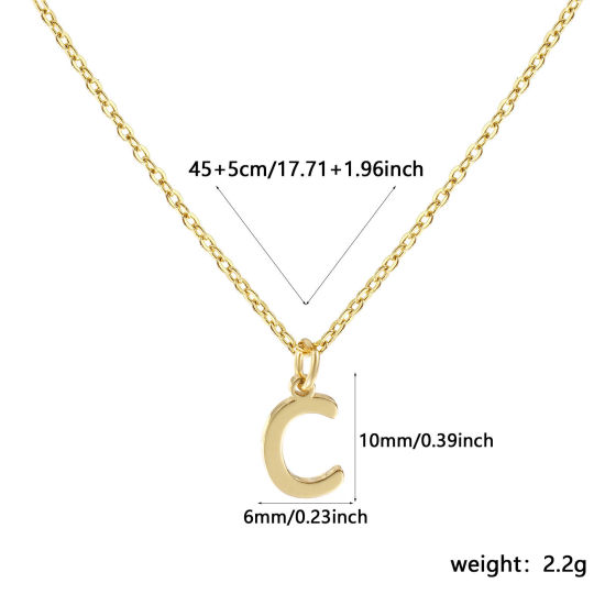 Image de Collier à Breloques Plaqué Or Véritable 18K en Laiton Pour Femmes, Chaîne Maille Forçat 45cm + 5cm, Message " C " Alphabet Majuscule Lettre Initiale Minimaliste Cadeau, Respectueux de la Nature, 1 Pièce