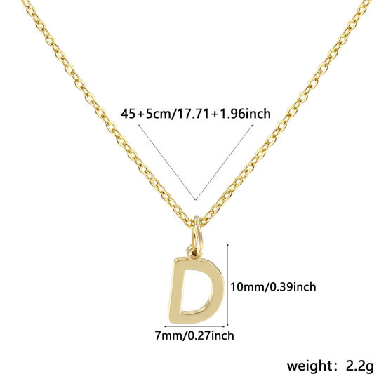 Image de Collier à Breloques Plaqué Or Véritable 18K en Laiton Pour Femmes, Chaîne Maille Forçat 45cm + 5cm, Message " D " Alphabet Majuscule Lettre Initiale Minimaliste Cadeau, Respectueux de la Nature, 1 Pièce