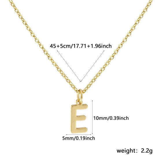 Image de Collier à Breloques Plaqué Or Véritable 18K en Laiton Pour Femmes, Chaîne Maille Forçat 45cm + 5cm, Message " E " Alphabet Majuscule Lettre Initiale Minimaliste Cadeau, Respectueux de la Nature, 1 Pièce