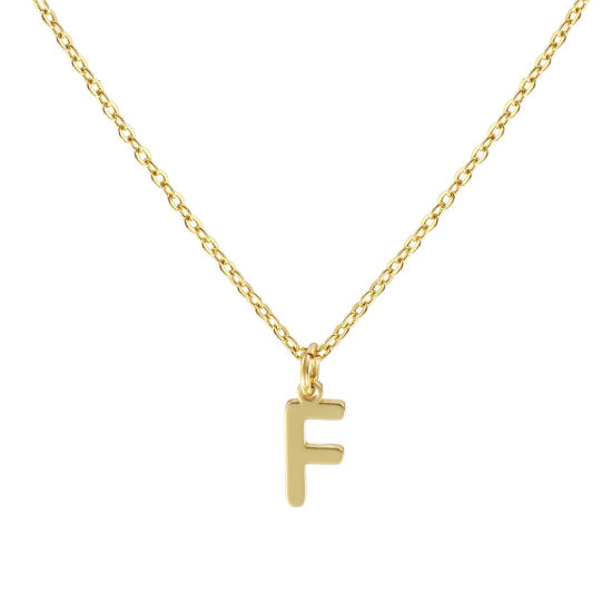 Image de Collier à Breloques Plaqué Or Véritable 18K en Laiton Pour Femmes, Chaîne Maille Forçat 45cm + 5cm, Message " F " Alphabet Majuscule Lettre Initiale Minimaliste Cadeau, Respectueux de la Nature, 1 Pièce