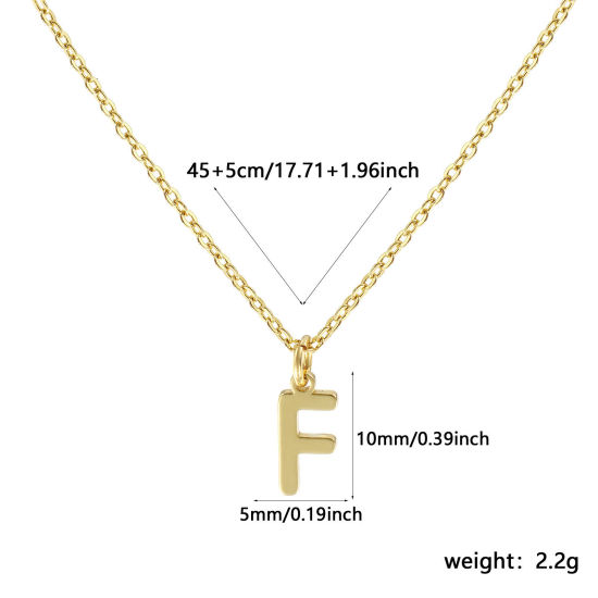 Image de Collier à Breloques Plaqué Or Véritable 18K en Laiton Pour Femmes, Chaîne Maille Forçat 45cm + 5cm, Message " F " Alphabet Majuscule Lettre Initiale Minimaliste Cadeau, Respectueux de la Nature, 1 Pièce