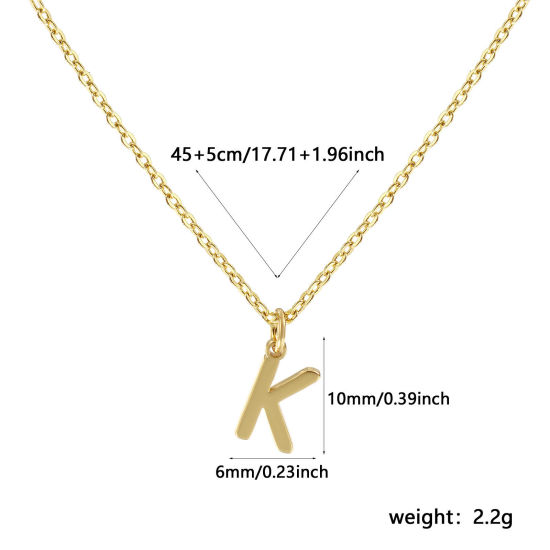 Image de Collier à Breloques Plaqué Or Véritable 18K en Laiton Pour Femmes, Chaîne Maille Forçat 45cm + 5cm, Message " K " Alphabet Majuscule Lettre Initiale Minimaliste Cadeau, Respectueux de la Nature, 1 Pièce