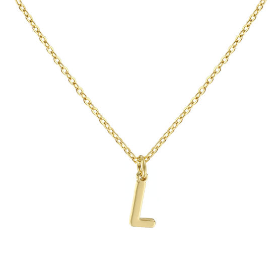 Image de Collier à Breloques Plaqué Or Véritable 18K en Laiton Pour Femmes, Chaîne Maille Forçat 45cm + 5cm, Message " L " Alphabet Majuscule Lettre Initiale Minimaliste Cadeau, Respectueux de la Nature, 1 Pièce