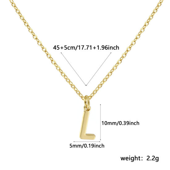 Image de Collier à Breloques Plaqué Or Véritable 18K en Laiton Pour Femmes, Chaîne Maille Forçat 45cm + 5cm, Message " L " Alphabet Majuscule Lettre Initiale Minimaliste Cadeau, Respectueux de la Nature, 1 Pièce