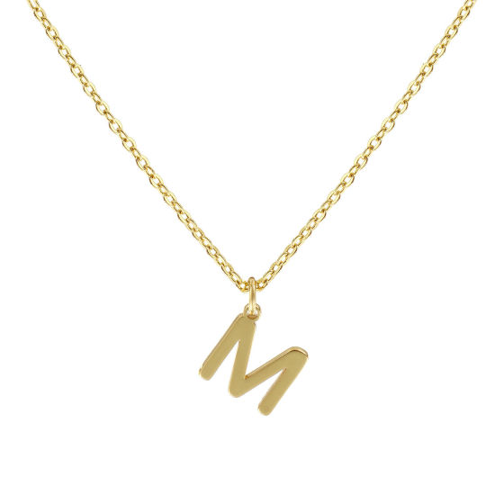 Image de Collier à Breloques Plaqué Or Véritable 18K en Laiton Pour Femmes, Chaîne Maille Forçat 45cm + 5cm, Message " M " Alphabet Majuscule Lettre Initiale Minimaliste Cadeau, Respectueux de la Nature, 1 Pièce