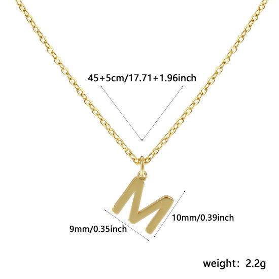 Image de Collier à Breloques Plaqué Or Véritable 18K en Laiton Pour Femmes, Chaîne Maille Forçat 45cm + 5cm, Message " M " Alphabet Majuscule Lettre Initiale Minimaliste Cadeau, Respectueux de la Nature, 1 Pièce