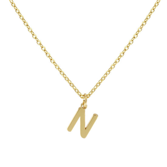 Image de Collier à Breloques Plaqué Or Véritable 18K en Laiton Pour Femmes, Chaîne Maille Forçat 45cm + 5cm, Message " N " Alphabet Majuscule Lettre Initiale Minimaliste Cadeau, Respectueux de la Nature, 1 Pièce