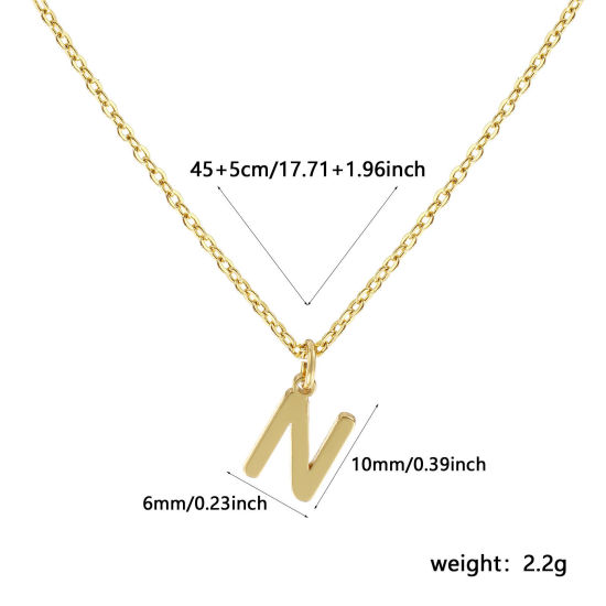 Image de Collier à Breloques Plaqué Or Véritable 18K en Laiton Pour Femmes, Chaîne Maille Forçat 45cm + 5cm, Message " N " Alphabet Majuscule Lettre Initiale Minimaliste Cadeau, Respectueux de la Nature, 1 Pièce