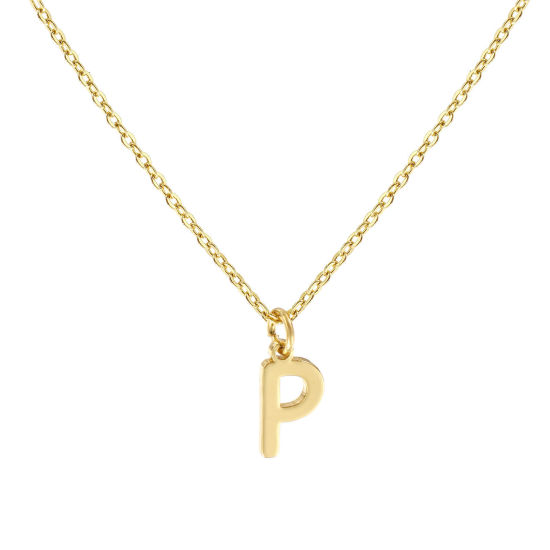 Image de Collier à Breloques Plaqué Or Véritable 18K en Laiton Pour Femmes, Chaîne Maille Forçat 45cm + 5cm, Message " P " Alphabet Majuscule Lettre Initiale Minimaliste Cadeau, Respectueux de la Nature, 1 Pièce