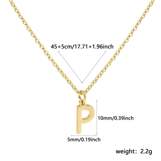 Image de Collier à Breloques Plaqué Or Véritable 18K en Laiton Pour Femmes, Chaîne Maille Forçat 45cm + 5cm, Message " P " Alphabet Majuscule Lettre Initiale Minimaliste Cadeau, Respectueux de la Nature, 1 Pièce