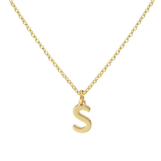 Image de Collier à Breloques Plaqué Or Véritable 18K en Laiton Pour Femmes, Chaîne Maille Forçat 45cm + 5cm, Message " S " Alphabet Majuscule Lettre Initiale Minimaliste Cadeau, Respectueux de la Nature, 1 Pièce