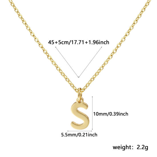 Image de Collier à Breloques Plaqué Or Véritable 18K en Laiton Pour Femmes, Chaîne Maille Forçat 45cm + 5cm, Message " S " Alphabet Majuscule Lettre Initiale Minimaliste Cadeau, Respectueux de la Nature, 1 Pièce