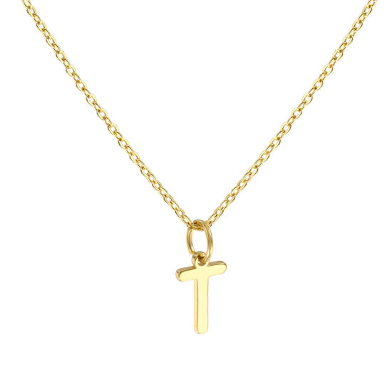 Image de Collier à Breloques Plaqué Or Véritable 18K en Laiton Pour Femmes, Chaîne Maille Forçat 45cm + 5cm, Message " T " Alphabet Majuscule Lettre Initiale Minimaliste Cadeau, Respectueux de la Nature, 1 Pièce