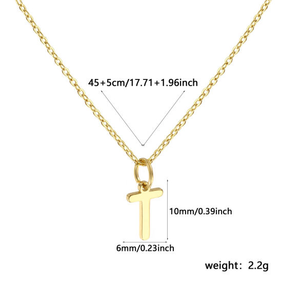 Image de Collier à Breloques Plaqué Or Véritable 18K en Laiton Pour Femmes, Chaîne Maille Forçat 45cm + 5cm, Message " T " Alphabet Majuscule Lettre Initiale Minimaliste Cadeau, Respectueux de la Nature, 1 Pièce