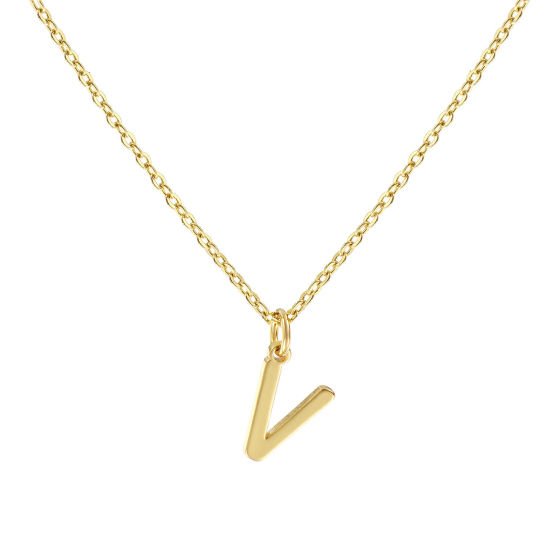 Image de Collier à Breloques Plaqué Or Véritable 18K en Laiton Pour Femmes, Chaîne Maille Forçat 45cm + 5cm, Message " V " Alphabet Majuscule Lettre Initiale Minimaliste Cadeau, Respectueux de la Nature, 1 Pièce