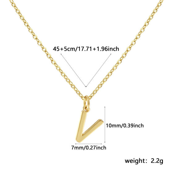 Image de Collier à Breloques Plaqué Or Véritable 18K en Laiton Pour Femmes, Chaîne Maille Forçat 45cm + 5cm, Message " V " Alphabet Majuscule Lettre Initiale Minimaliste Cadeau, Respectueux de la Nature, 1 Pièce