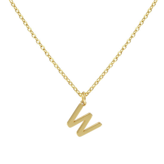 Image de Collier à Breloques Plaqué Or Véritable 18K en Laiton Pour Femmes, Chaîne Maille Forçat 45cm + 5cm, Message " W " Alphabet Majuscule Lettre Initiale Minimaliste Cadeau, Respectueux de la Nature, 1 Pièce