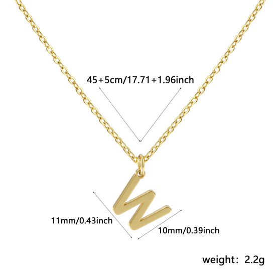 Image de Collier à Breloques Plaqué Or Véritable 18K en Laiton Pour Femmes, Chaîne Maille Forçat 45cm + 5cm, Message " W " Alphabet Majuscule Lettre Initiale Minimaliste Cadeau, Respectueux de la Nature, 1 Pièce