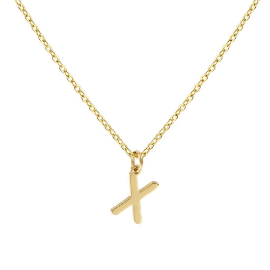 Image de Collier à Breloques Plaqué Or Véritable 18K en Laiton Pour Femmes, Chaîne Maille Forçat 45cm + 5cm, Message " X " Alphabet Majuscule Lettre Initiale Minimaliste Cadeau, Respectueux de la Nature, 1 Pièce