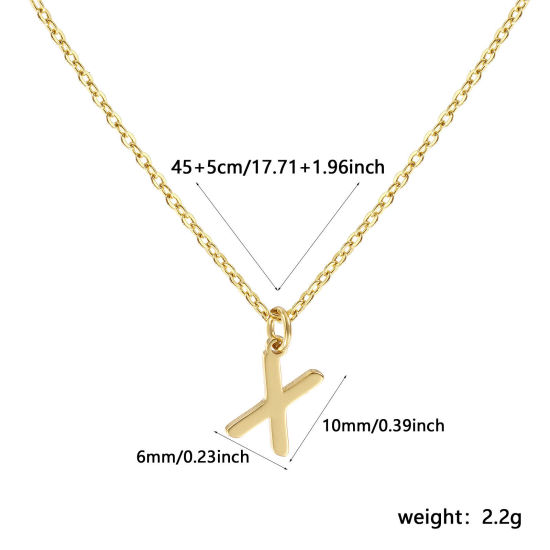 Image de Collier à Breloques Plaqué Or Véritable 18K en Laiton Pour Femmes, Chaîne Maille Forçat 45cm + 5cm, Message " X " Alphabet Majuscule Lettre Initiale Minimaliste Cadeau, Respectueux de la Nature, 1 Pièce