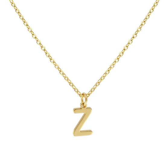 Image de Collier à Breloques Plaqué Or Véritable 18K en Laiton Pour Femmes, Chaîne Maille Forçat 45cm + 5cm, Message " Z " Alphabet Majuscule Lettre Initiale Minimaliste Cadeau, Respectueux de la Nature, 1 Pièce