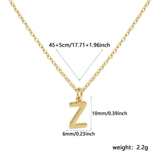 Image de Collier à Breloques Plaqué Or Véritable 18K en Laiton Pour Femmes, Chaîne Maille Forçat 45cm + 5cm, Message " Z " Alphabet Majuscule Lettre Initiale Minimaliste Cadeau, Respectueux de la Nature, 1 Pièce
