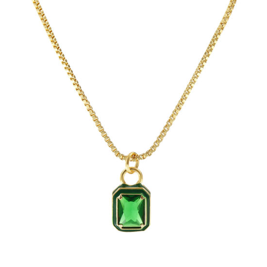 Image de Collier à Breloques Octogone Plaqué Or Véritable 18K en Laiton & Verre Pour Femmes, Chaîne Maille Vénitienne 45cm + 5cm, Vert Émail Exquis Minimaliste Cadeau, Respectueux de la Nature, 1 Pièce