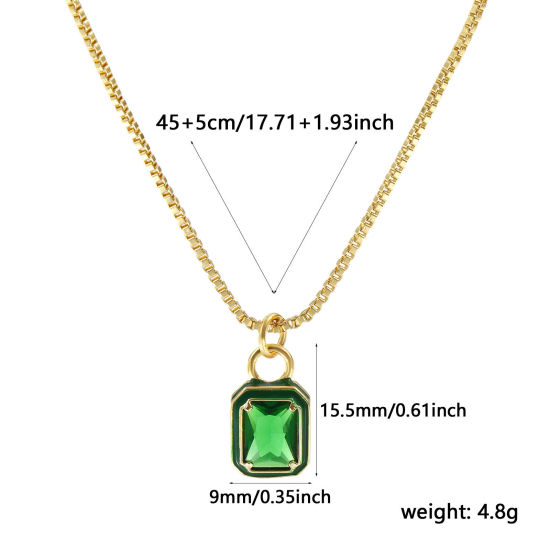 Image de Collier à Breloques Octogone Plaqué Or Véritable 18K en Laiton & Verre Pour Femmes, Chaîne Maille Vénitienne 45cm + 5cm, Vert Émail Exquis Minimaliste Cadeau, Respectueux de la Nature, 1 Pièce