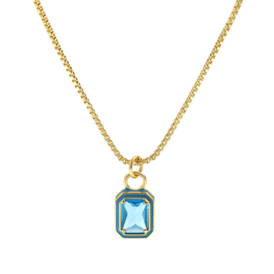 Image de Collier à Breloques Octogone Plaqué Or Véritable 18K en Laiton & Verre Pour Femmes, Chaîne Maille Vénitienne 45cm + 5cm, Bleu Émail Exquis Minimaliste Cadeau, Respectueux de la Nature, 1 Pièce