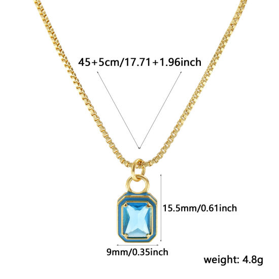 Image de Collier à Breloques Octogone Plaqué Or Véritable 18K en Laiton & Verre Pour Femmes, Chaîne Maille Vénitienne 45cm + 5cm, Bleu Émail Exquis Minimaliste Cadeau, Respectueux de la Nature, 1 Pièce