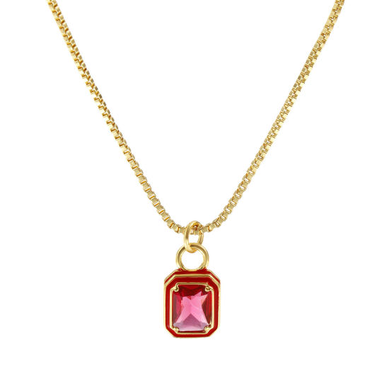 Image de Collier à Breloques Octogone Plaqué Or Véritable 18K en Laiton & Verre Pour Femmes, Chaîne Maille Vénitienne 45cm + 5cm, Rouge Émail Exquis Minimaliste Cadeau, Respectueux de la Nature, 1 Pièce