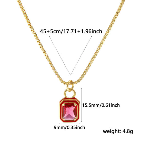 Image de Collier à Breloques Octogone Plaqué Or Véritable 18K en Laiton & Verre Pour Femmes, Chaîne Maille Vénitienne 45cm + 5cm, Rouge Émail Exquis Minimaliste Cadeau, Respectueux de la Nature, 1 Pièce