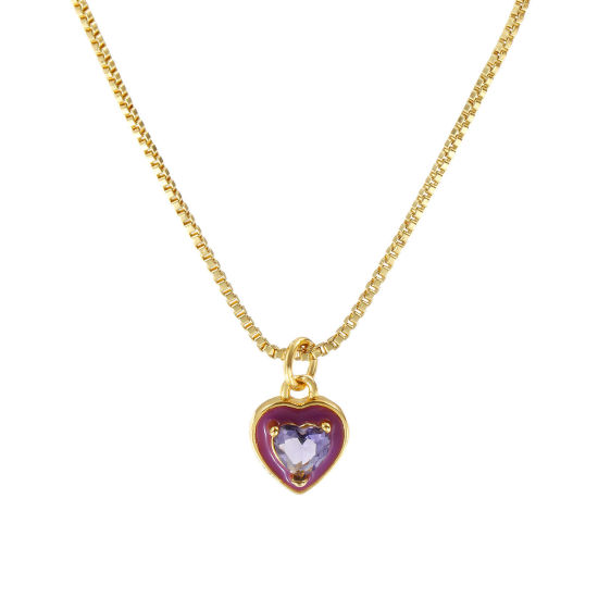 Image de Collier à Breloques Cœur Plaqué Or Véritable 18K en Laiton & Verre Pour Femmes, Chaîne Maille Vénitienne 45cm + 5cm, Violet Émail La Saint Valentin Minimaliste Cadeau, Respectueux de la Nature, 1 Pièce