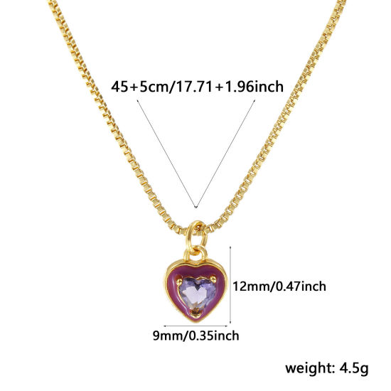 Image de Collier à Breloques Cœur Plaqué Or Véritable 18K en Laiton & Verre Pour Femmes, Chaîne Maille Vénitienne 45cm + 5cm, Violet Émail La Saint Valentin Minimaliste Cadeau, Respectueux de la Nature, 1 Pièce