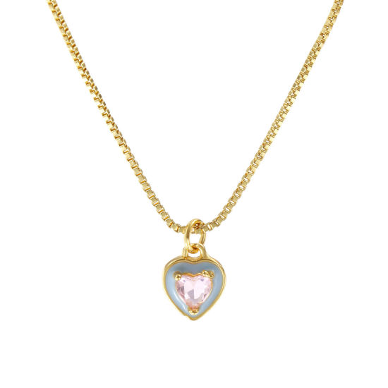 Image de Collier à Breloques Cœur Plaqué Or Véritable 18K en Laiton & Verre Pour Femmes, Chaîne Maille Vénitienne 45cm + 5cm, Bleu Clair Émail La Saint Valentin Minimaliste Cadeau, Respectueux de la Nature, 1 Pièce